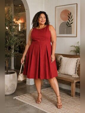 MODCLOTH Burgundy Fit & Flare Sleeveless Pleated Dress Retro Feminine
